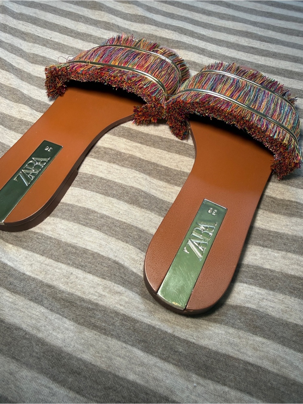 Zara Multicolor Fringe Slide Sandals Gold Trim EU 36 - Picture 2 of 5